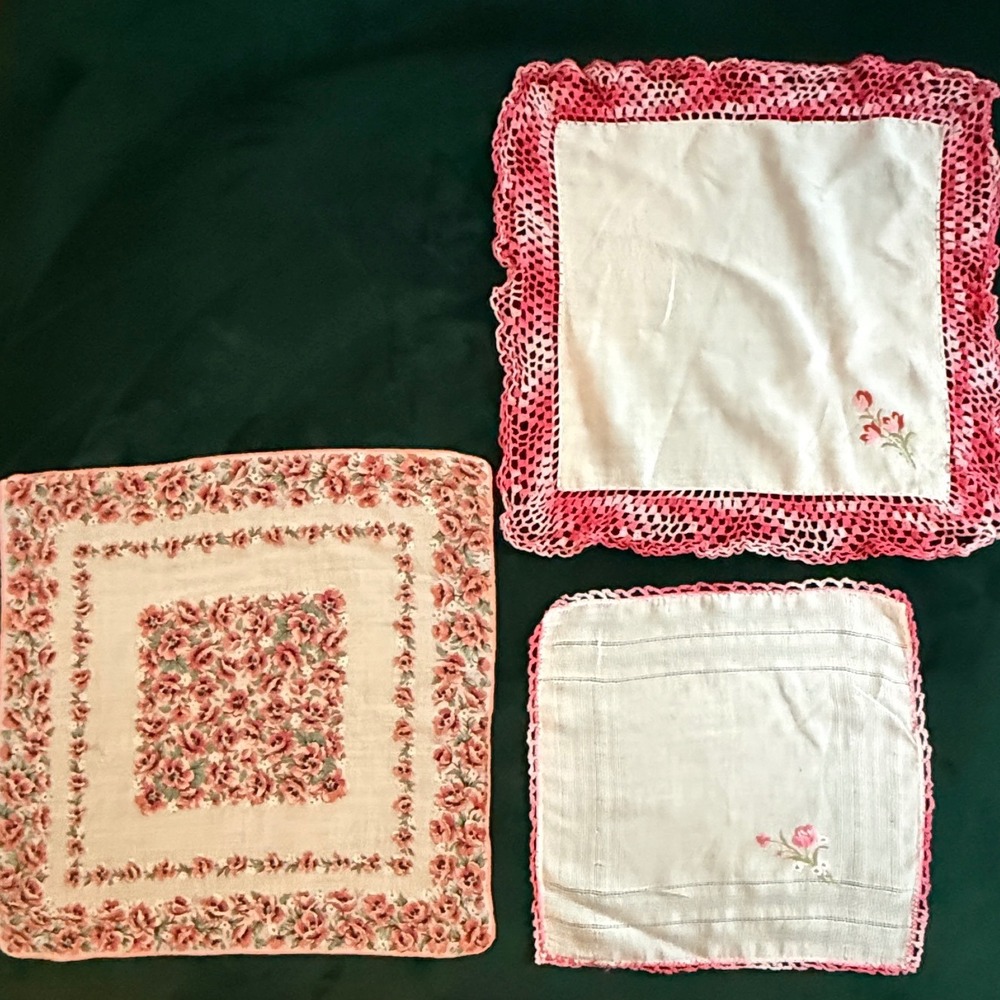Vintageβ Floral Handkerchief Set Pink White Lace Embroidered Cotton 3 Piece